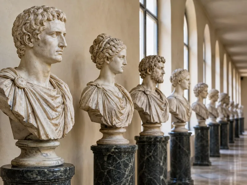 Roman marble portrait busts on dark pedestals in the corridor
