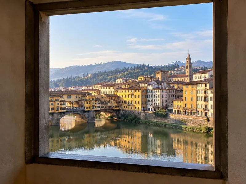 A corridor window looking out over the Arno